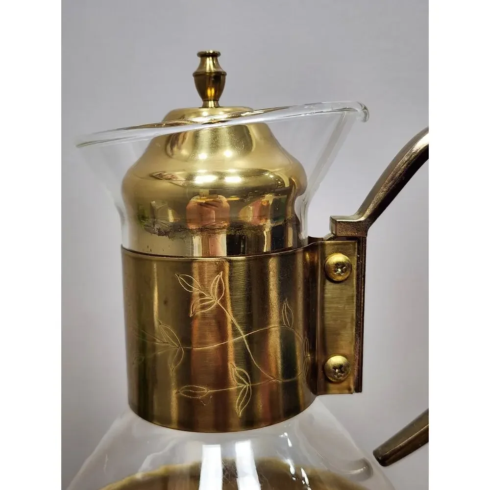 Vintage MCM Brass & Glass Coffee/Tea Carafe Warmer Stand Etched